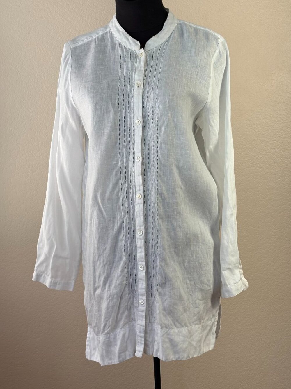 J Jill White 100% Linen Tunic Blouse Womens S Mandarin Collar Pintuck Button